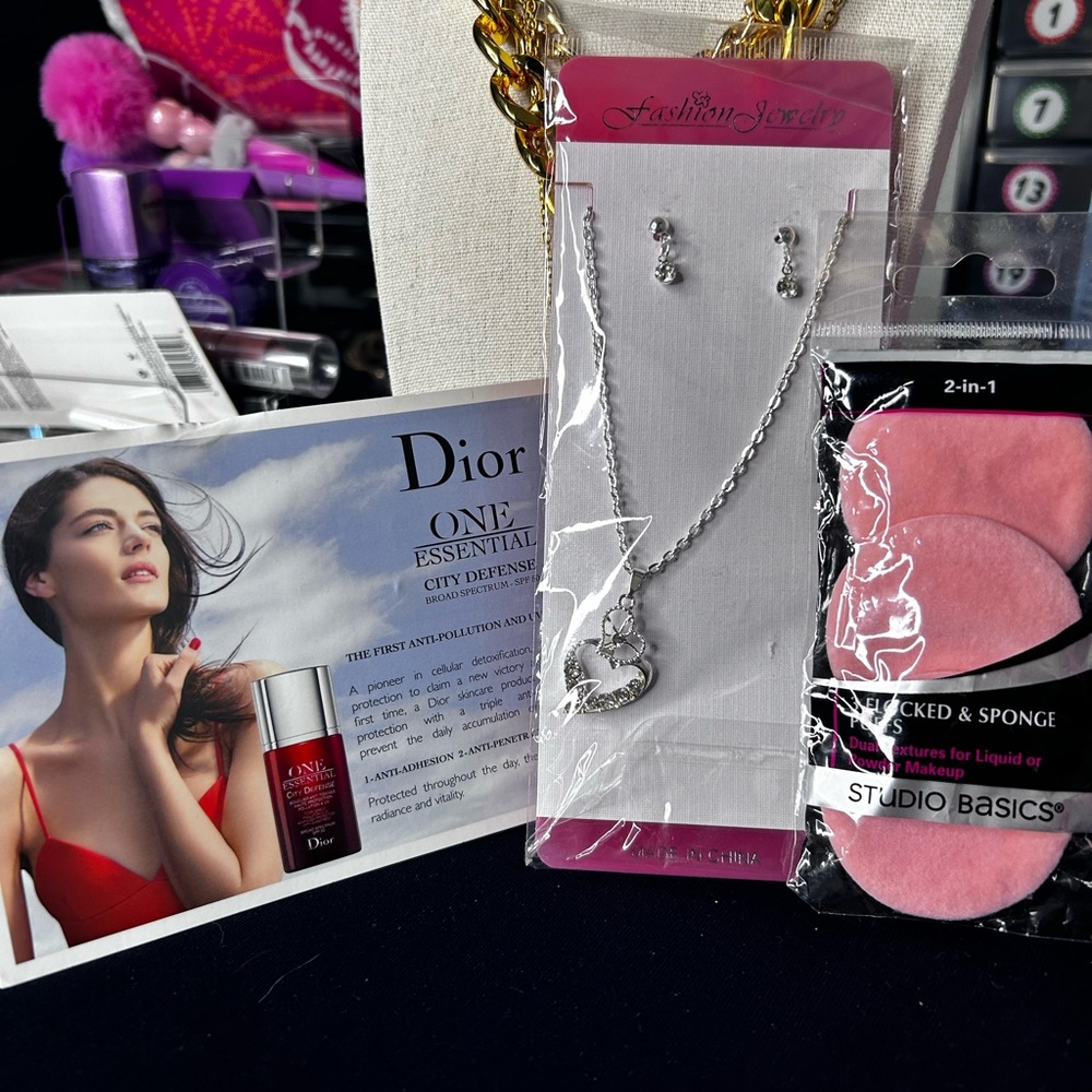 FREE BUNDLE! Silver Necklace and Earring Set. 3 beauty sponges, 1 Dior sample